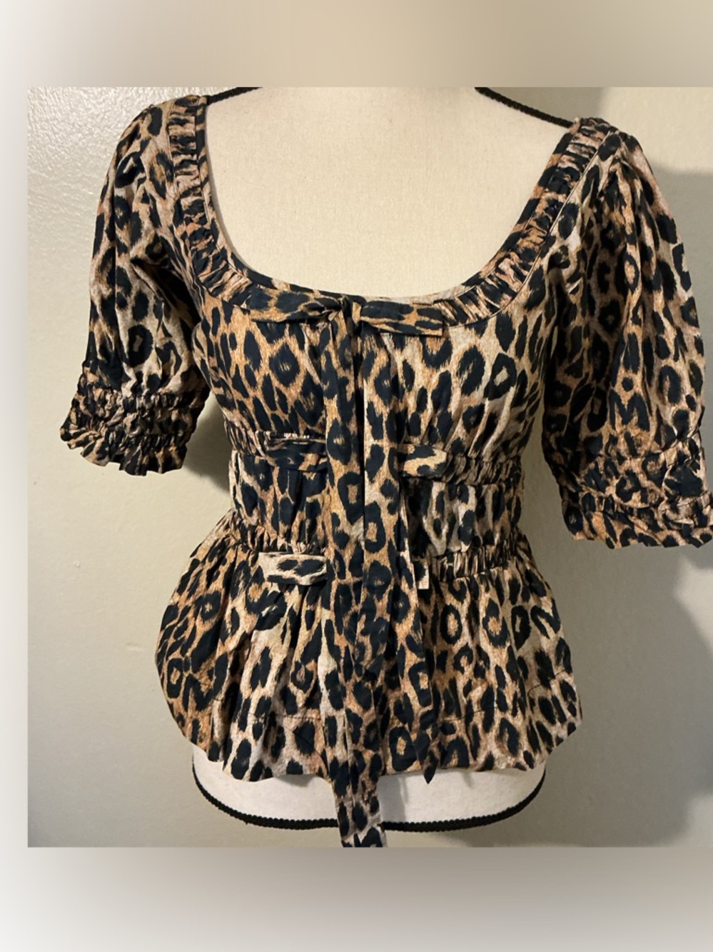 Damson Madder Leopard Print Bow Front Tie 8 Smocked Cotton Puff Sleeve